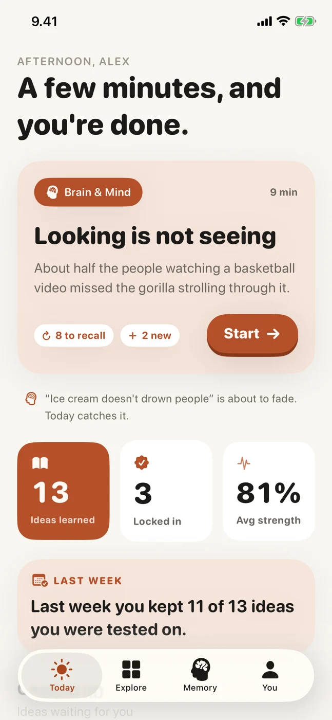 Curio Today screen with a Brain and Mind lesson, 13 ideas learned and 3 locked in