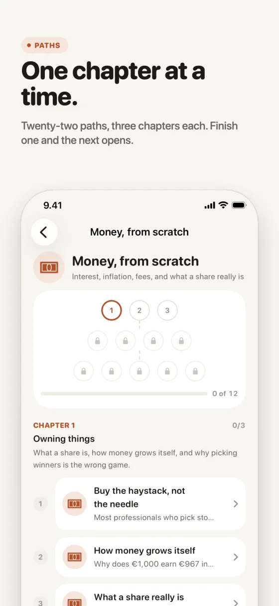 App Store screenshot: One chapter at a time. A path's chapters, each opening when the last is finished.