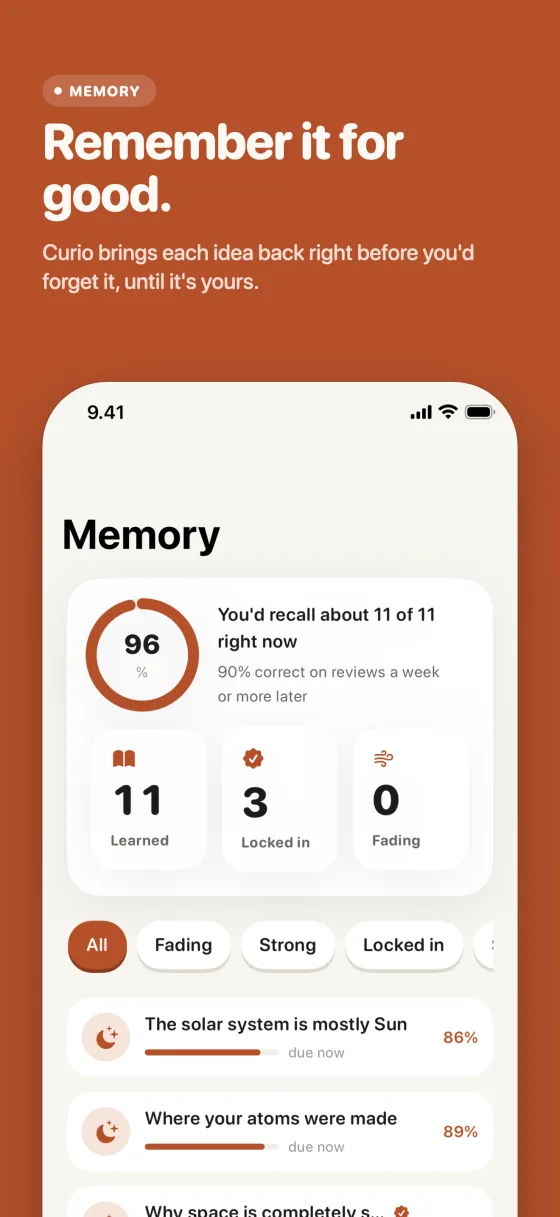 App Store screenshot: Remember it for good. The Memory screen showing how strong each idea is.
