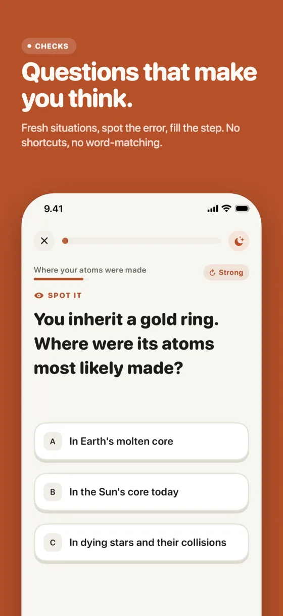 App Store screenshot: Questions that make you think. A check question with fresh situations.