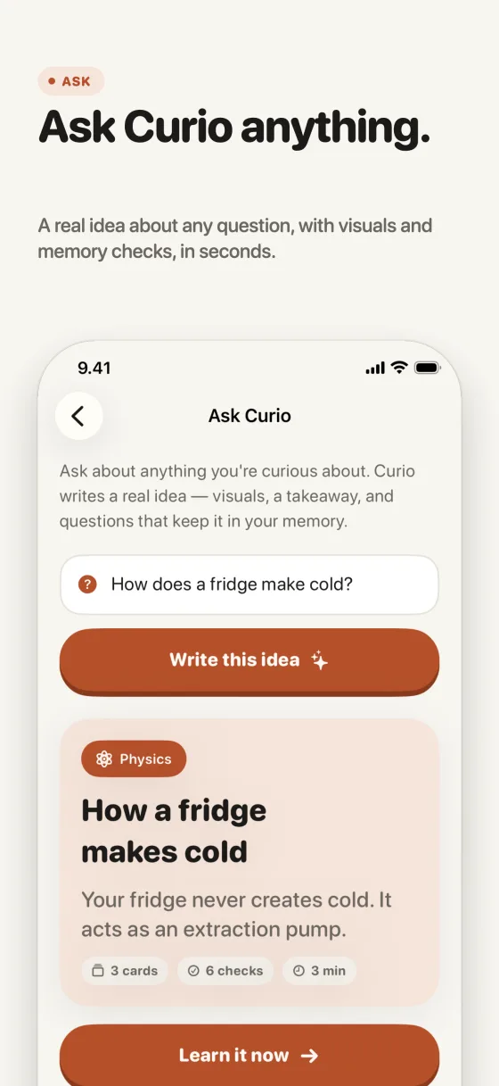 App Store screenshot: Ask Curio anything. A question turned into an idea with visuals.
