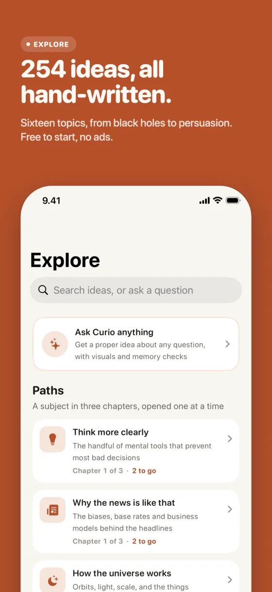 App Store screenshot: 254 ideas, all hand-written. Explore with sixteen topics.